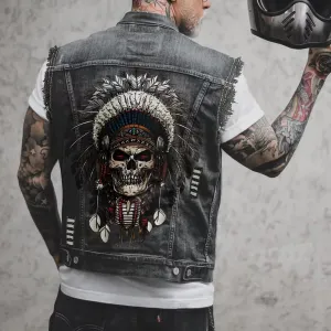 Alr™ Men's Denim Biker Motorcycle Vest, Native Skull