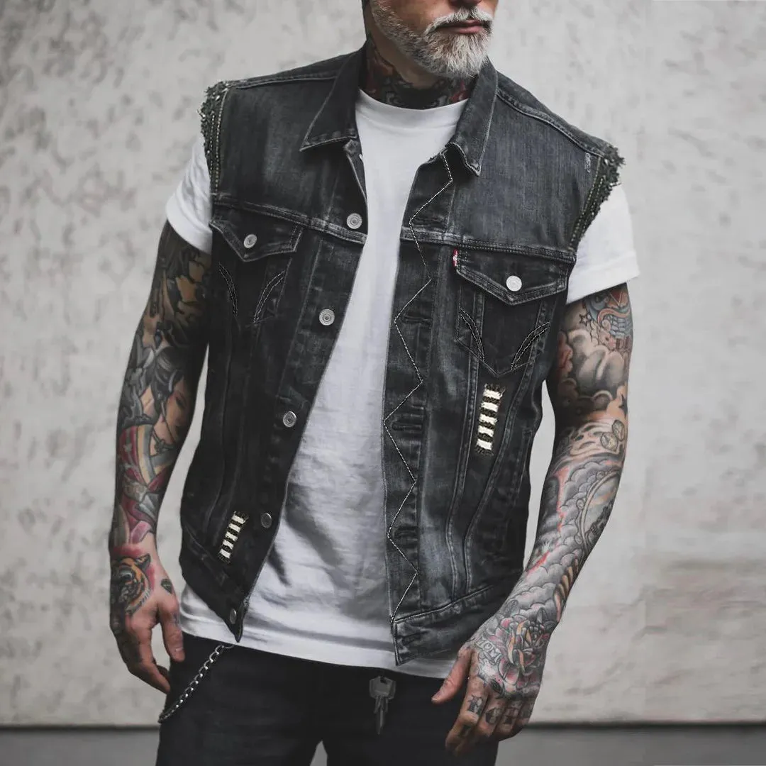 Alr™ Men's Denim Biker Motorcycle Vest, Native Skull