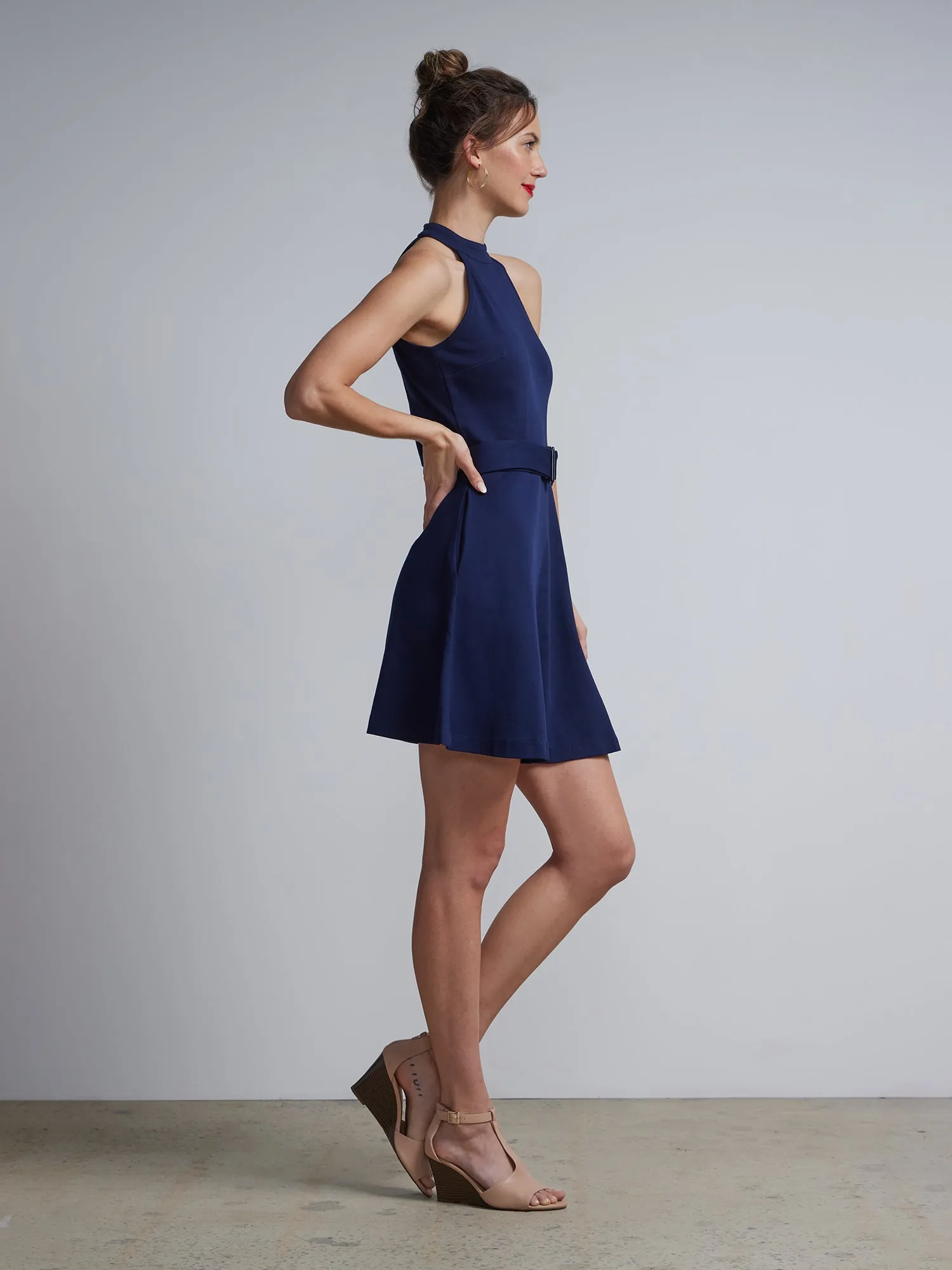 Belted Halterneck Flare Dress - City Knits