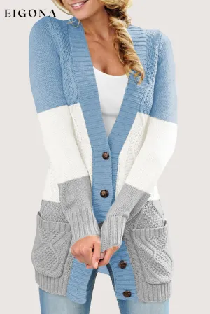 Blue Front Pocket and Buttons Closure Cardigan