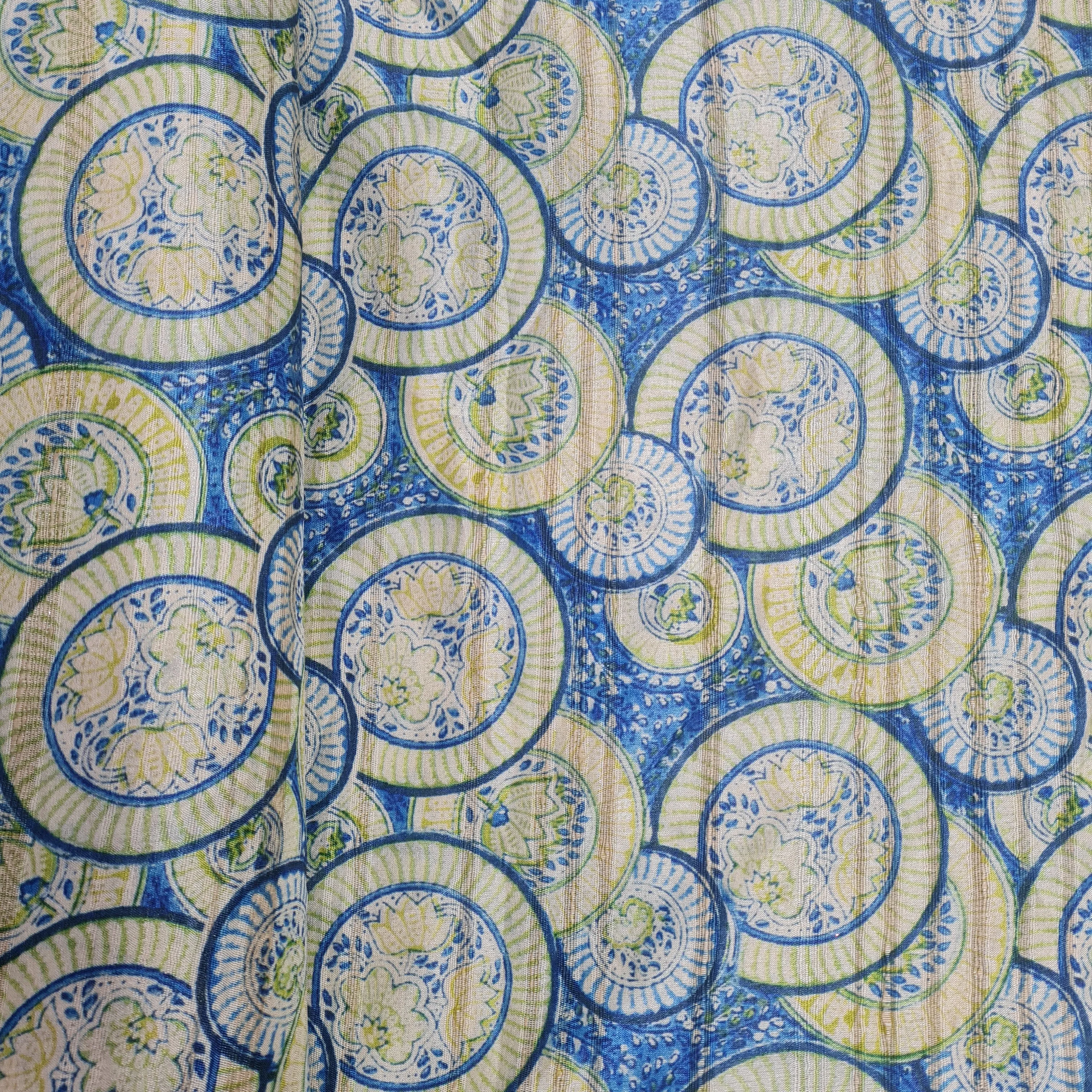 Blue With Yellow Geometrical Dobbysser Silk Fabric