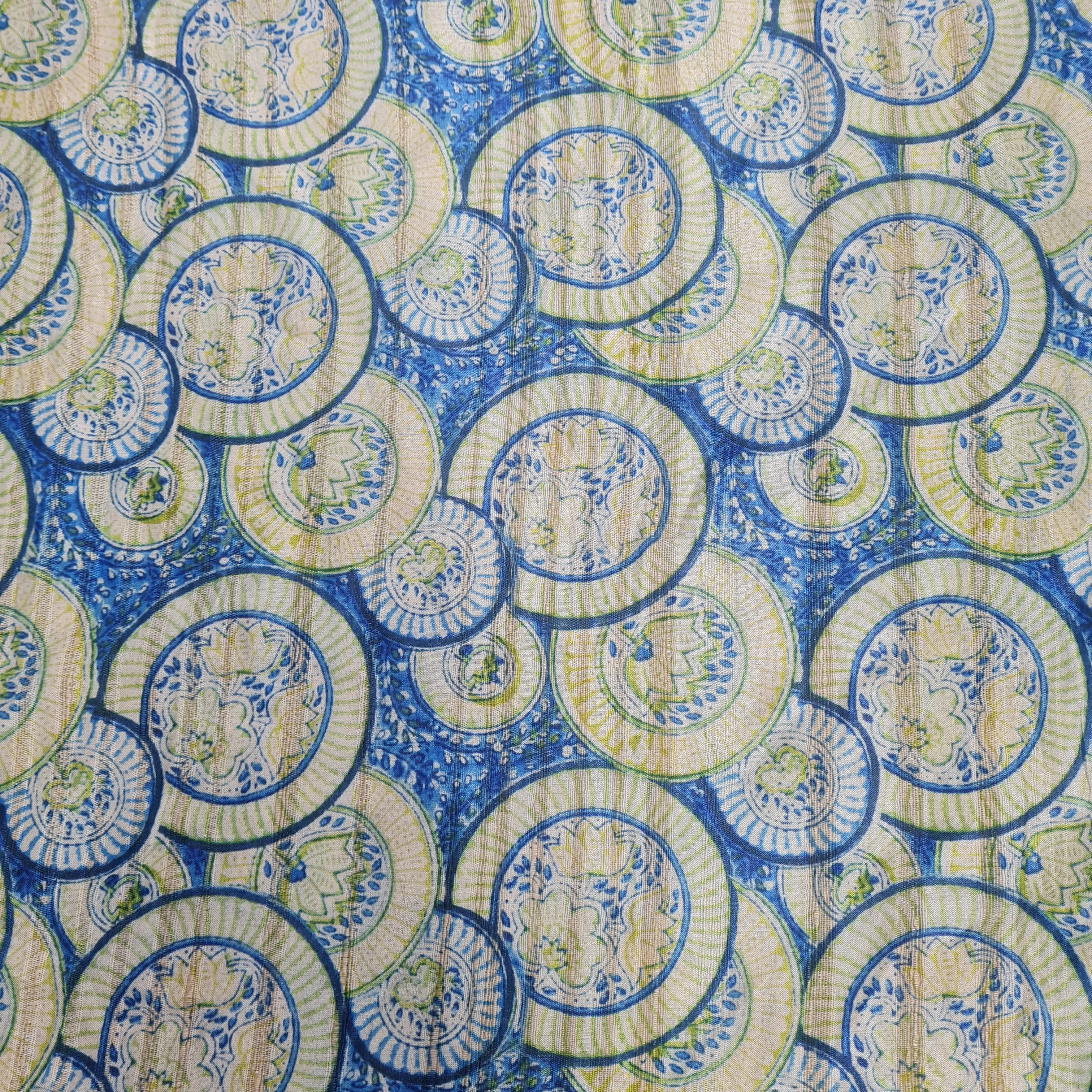 Blue With Yellow Geometrical Dobbysser Silk Fabric