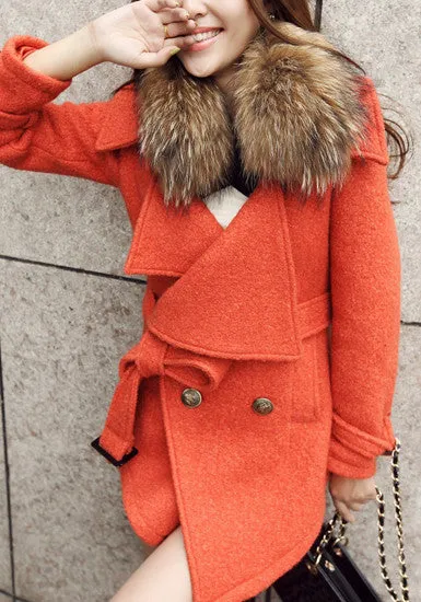 Detachable Faux Fur Collar Coat - Orange