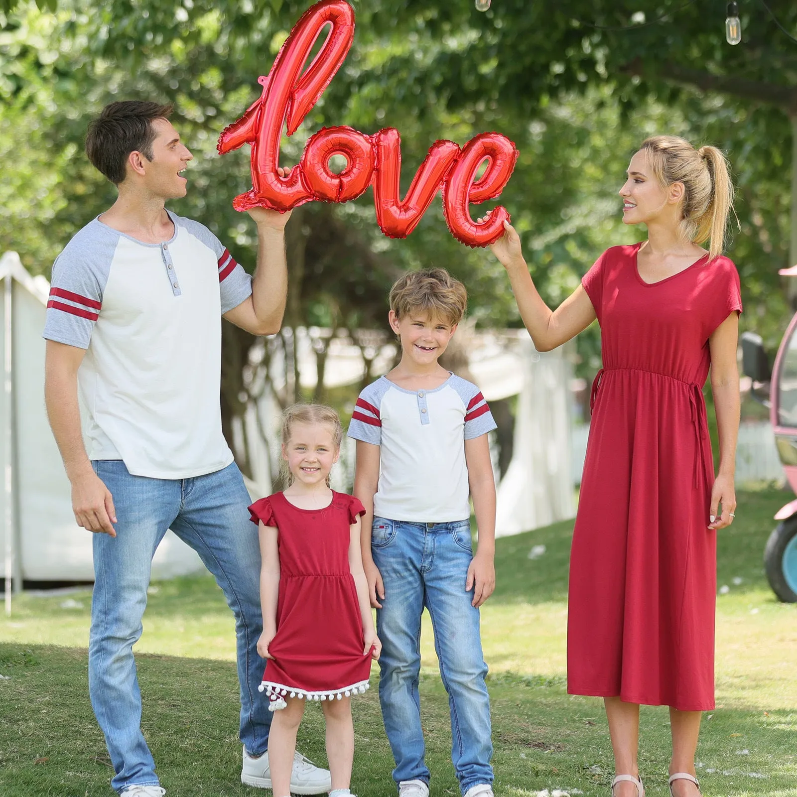 Family Matching Solid V Neck Red Dresses and Short-sleeve T-shirts Sets