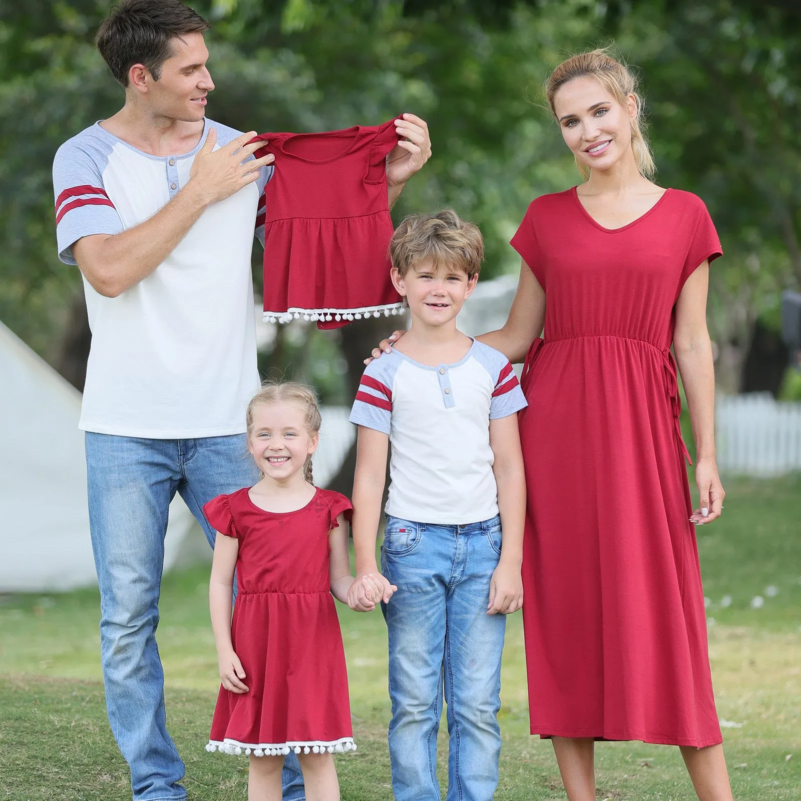 Family Matching Solid V Neck Red Dresses and Short-sleeve T-shirts Sets