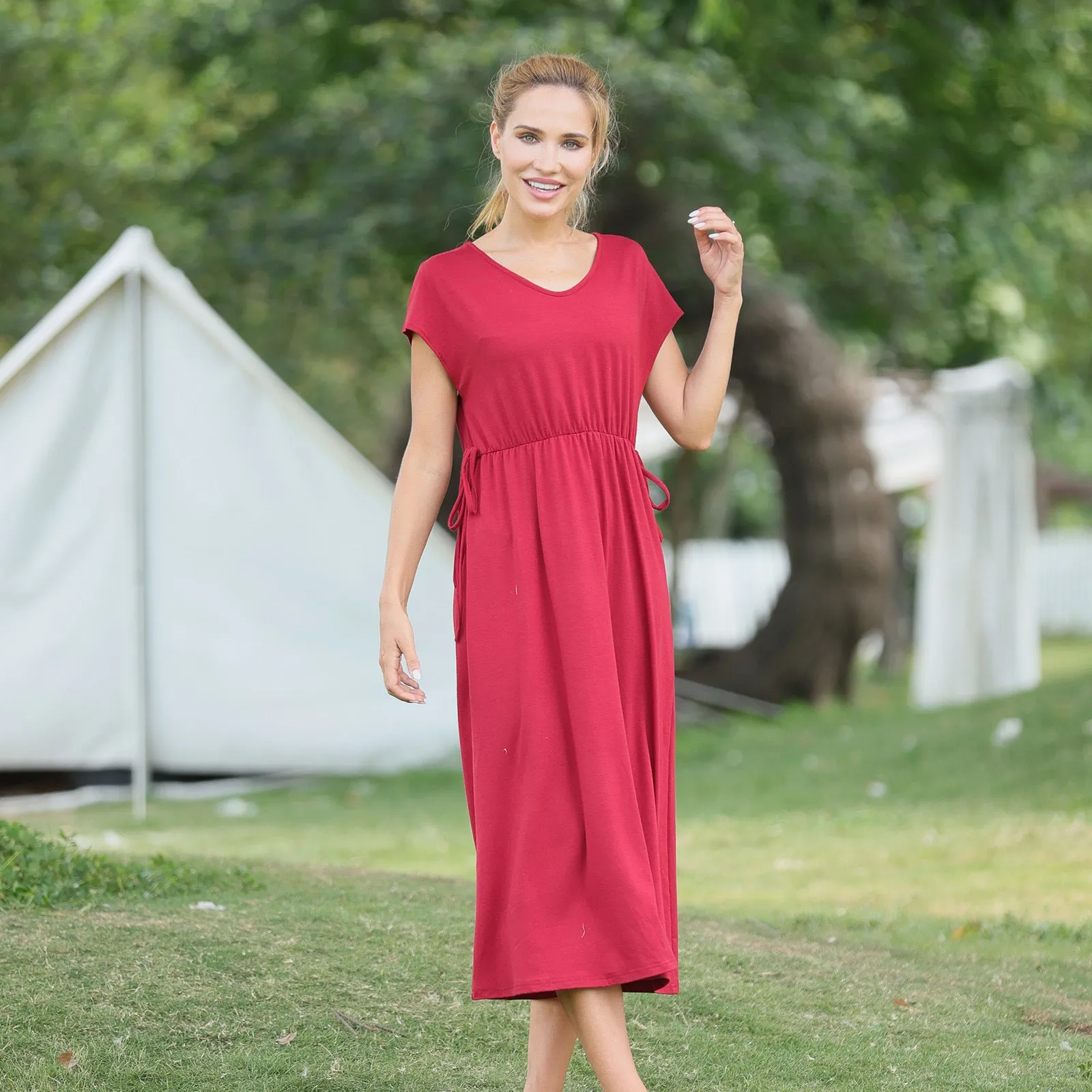 Family Matching Solid V Neck Red Dresses and Short-sleeve T-shirts Sets