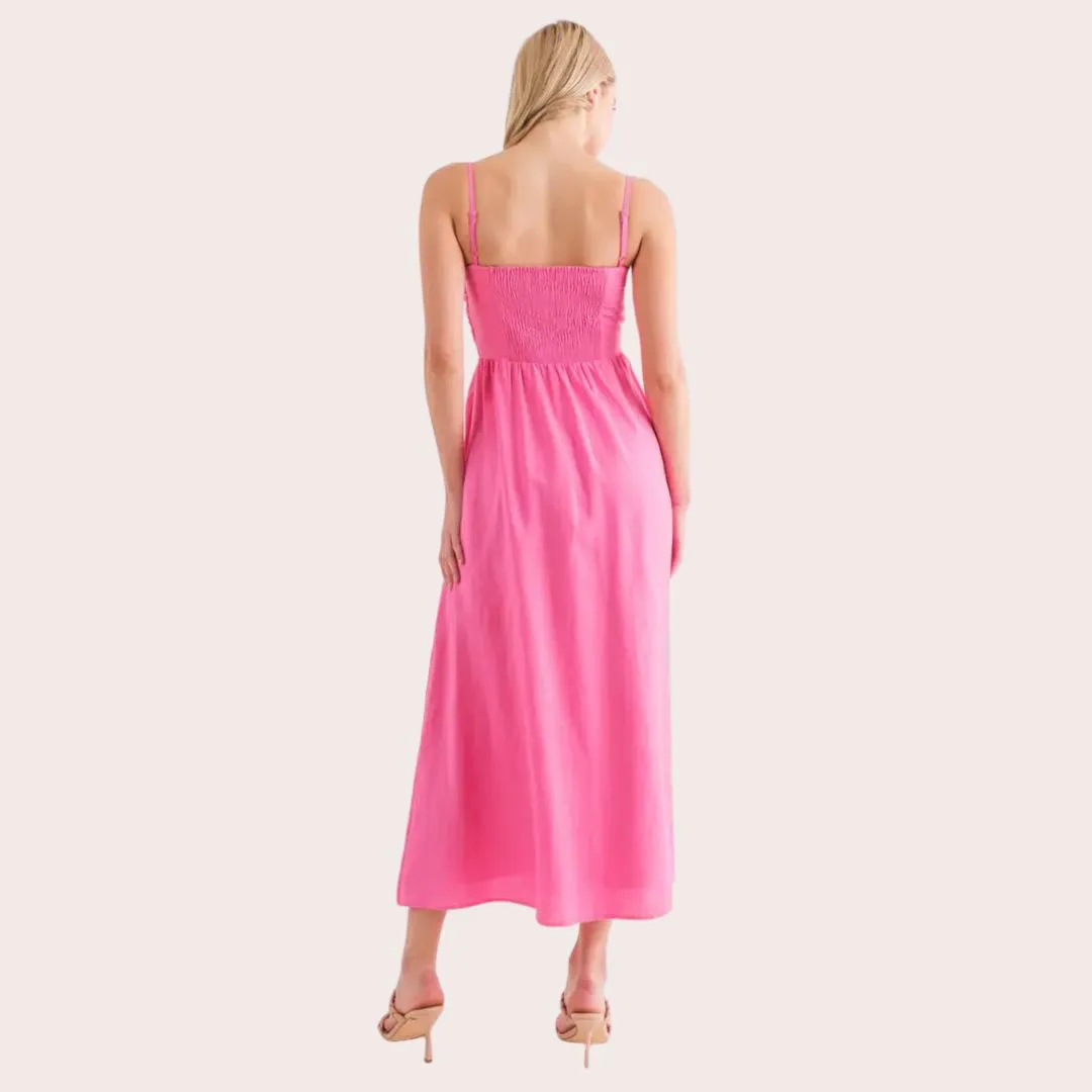 Gathered Cami Linen Maxi Dress (Pink)