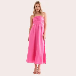 Gathered Cami Linen Maxi Dress (Pink)