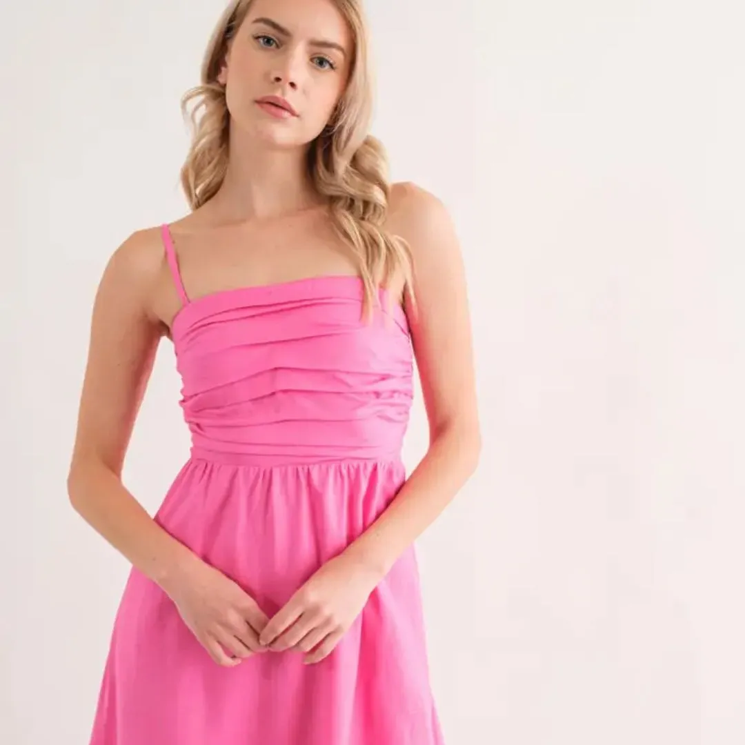 Gathered Cami Linen Maxi Dress (Pink)