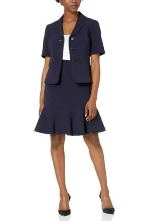 Le Suit 3 Button Notch Collar Short Sleeve Crepe Flounce Skirt Suit