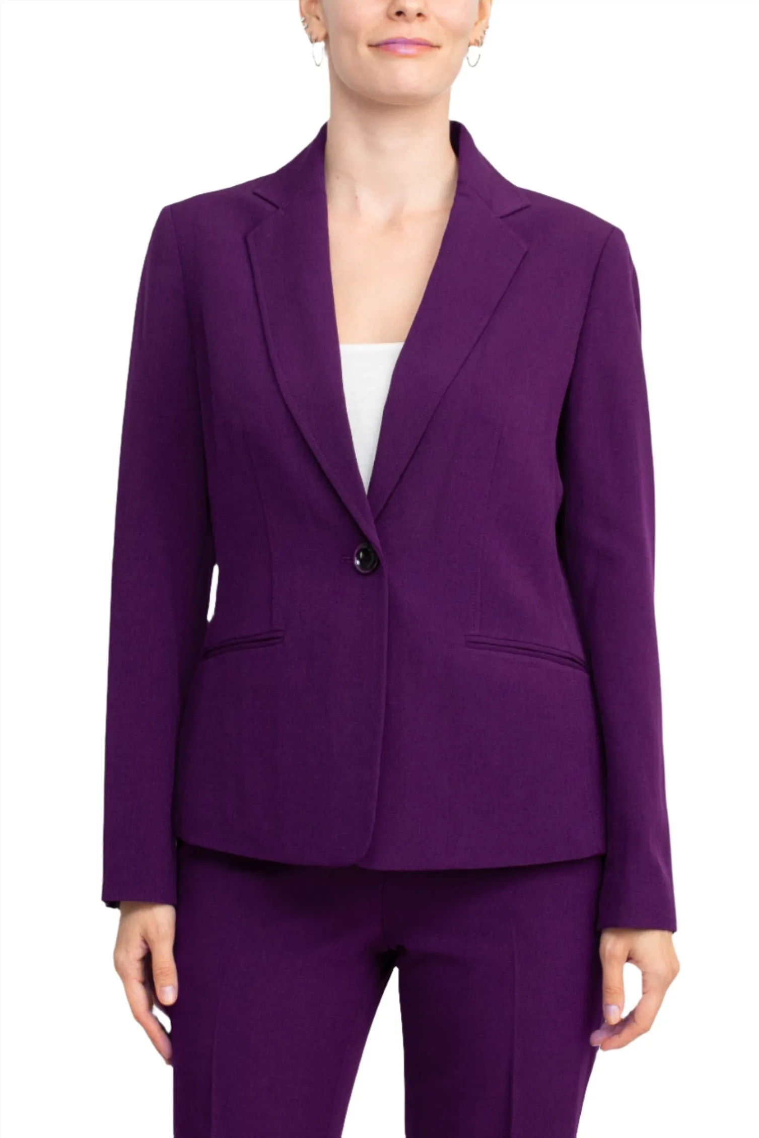 Le Suit Notched Collar One Button Jacket with Button Hook Zipper Closure Pockets Crepe Pants Suit ( Petite )