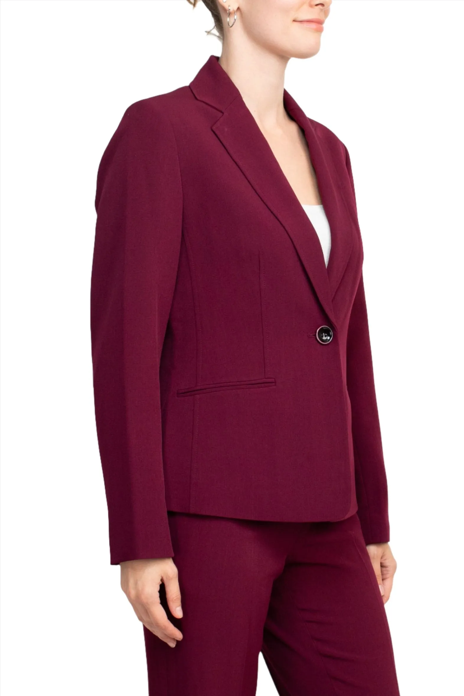 Le Suit Notched Collar One Button Jacket with Button Hook Zipper Closure Pockets Crepe Pants Suit ( Petite )