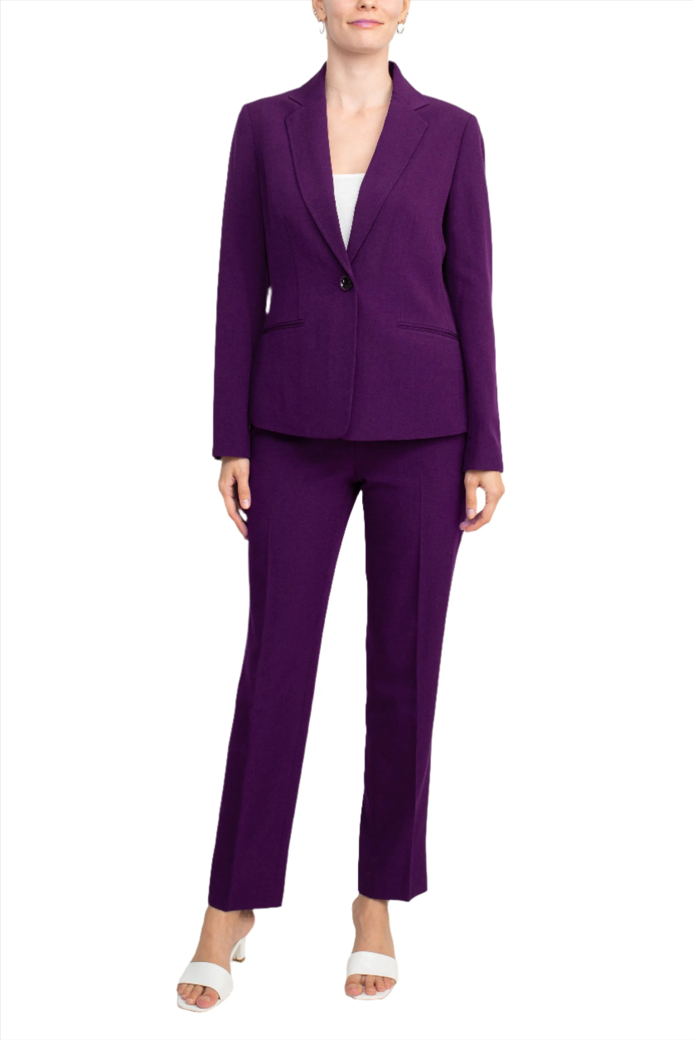 Le Suit Notched Collar One Button Jacket with Button Hook Zipper Closure Pockets Crepe Pants Suit ( Petite )