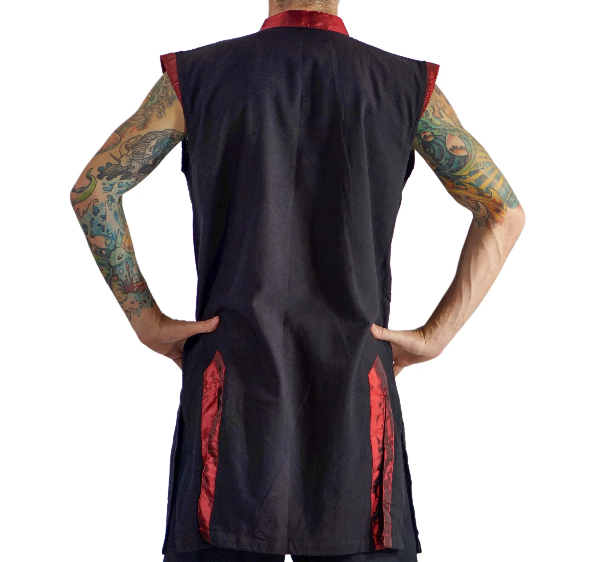 'Long Pirate Vest', Silk Trim - Red