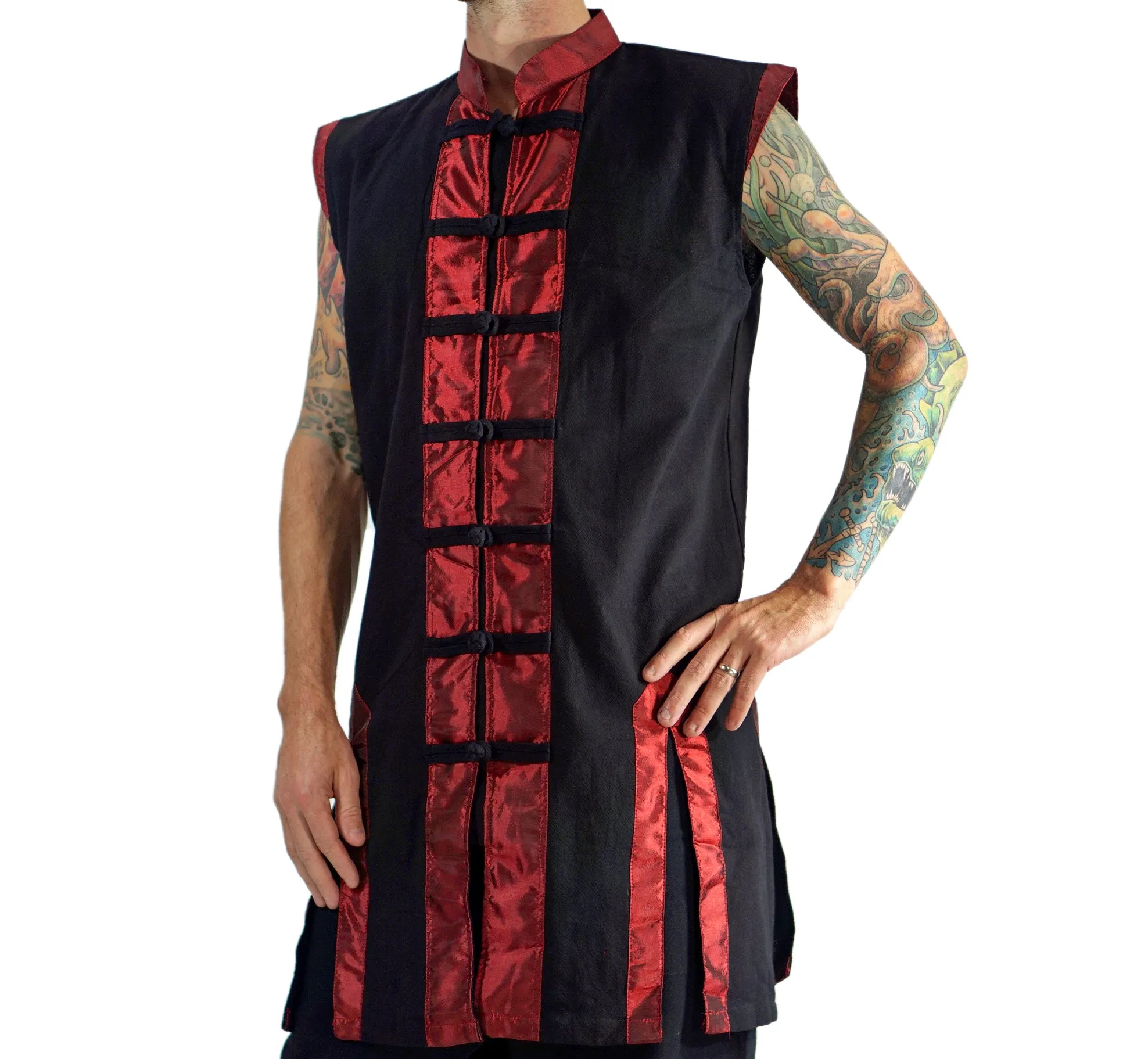 'Long Pirate Vest', Silk Trim - Red