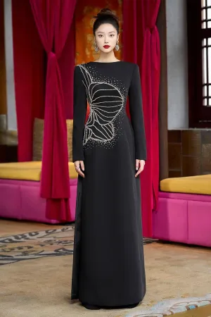 Magnif Sheath Boat Neck Velvet Satin Floor Length Ao Dai