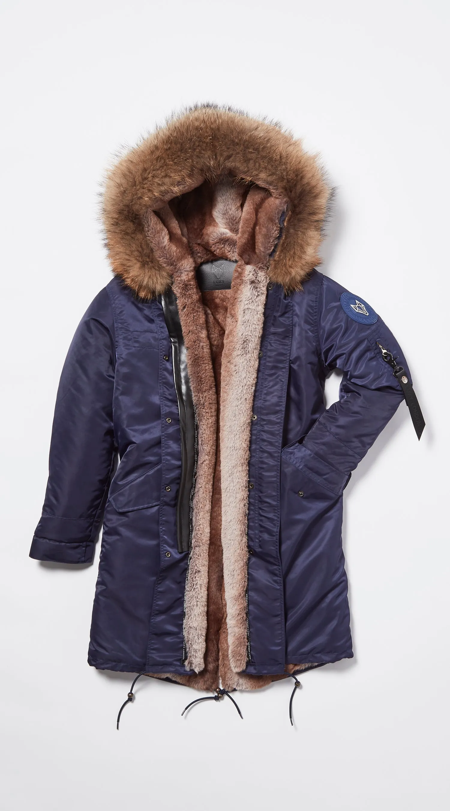 Mens Navy Water-Repellent Luxy Fur Parka - 3/4 Natural