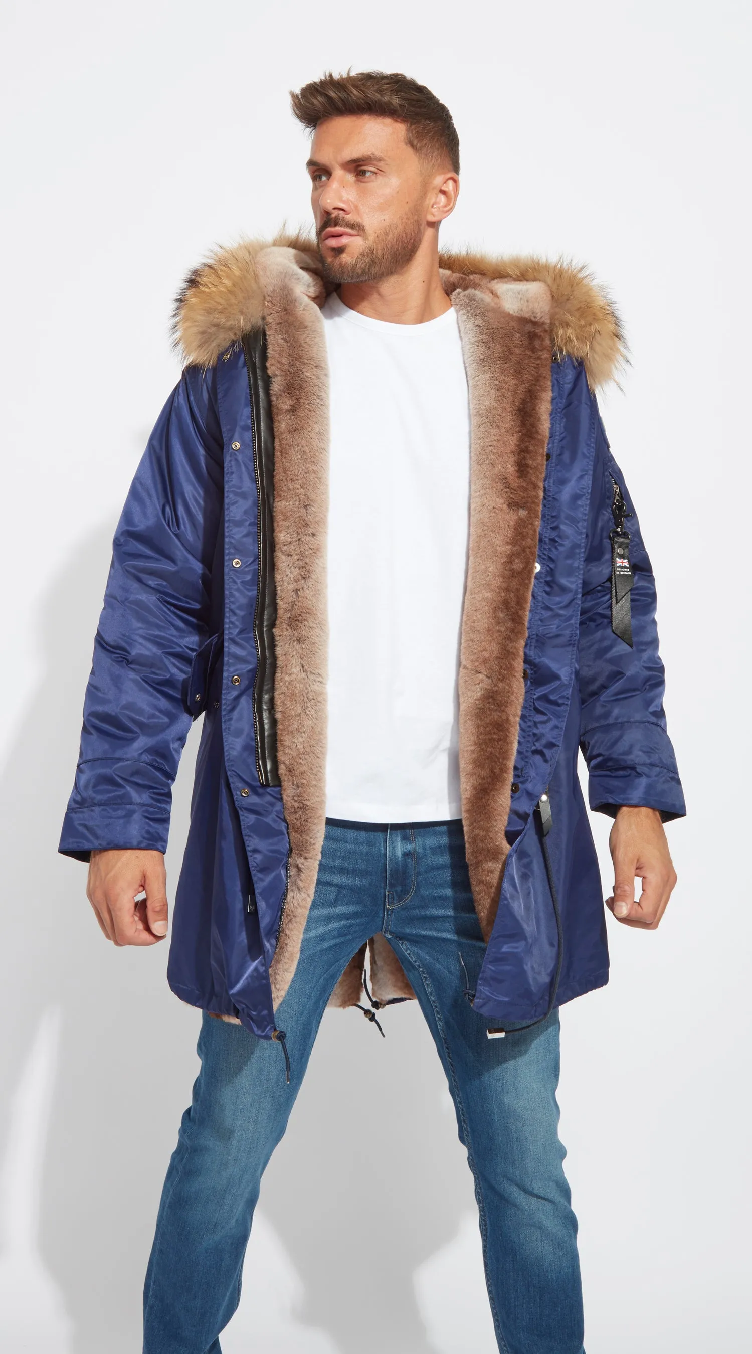 Mens Navy Water-Repellent Luxy Fur Parka - 3/4 Natural