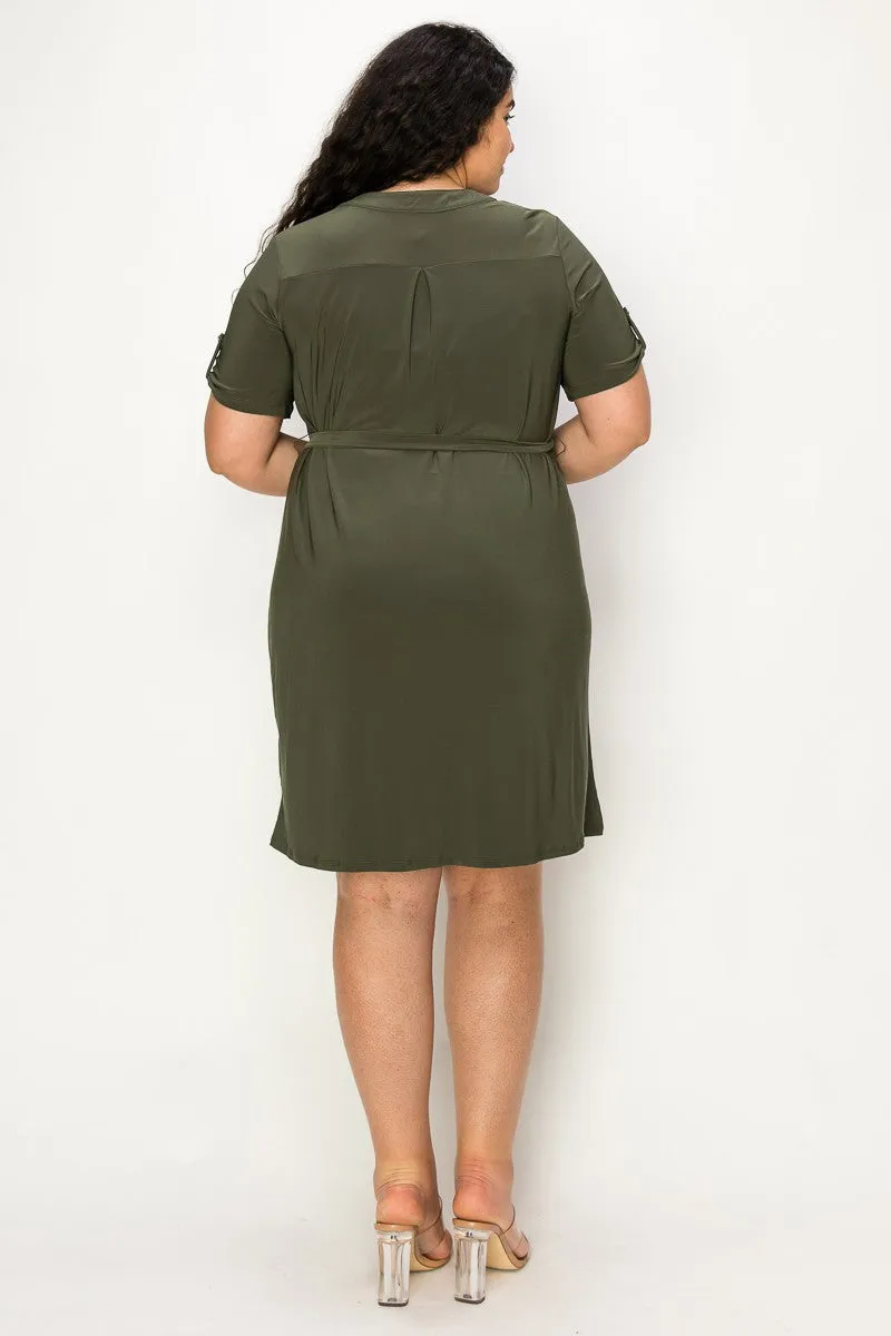 Perseption Half Placket Front Belted Waist Utility Dress