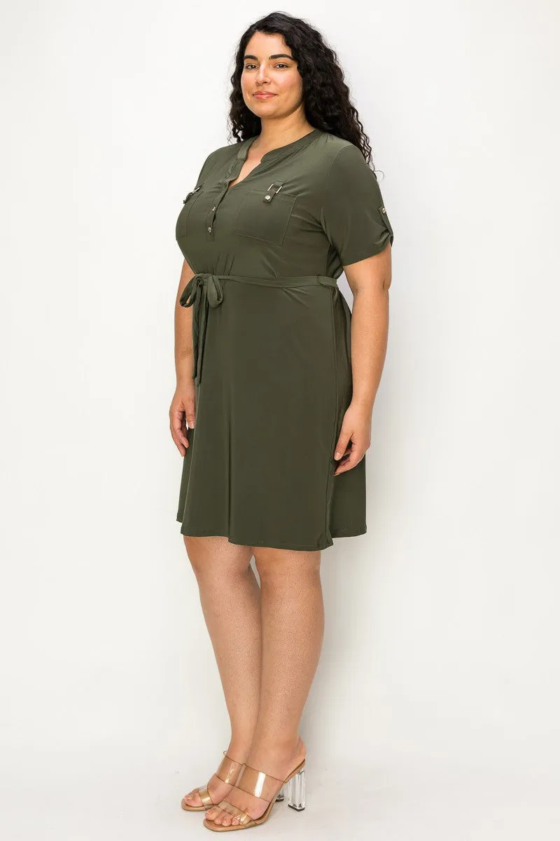 Perseption Half Placket Front Belted Waist Utility Dress