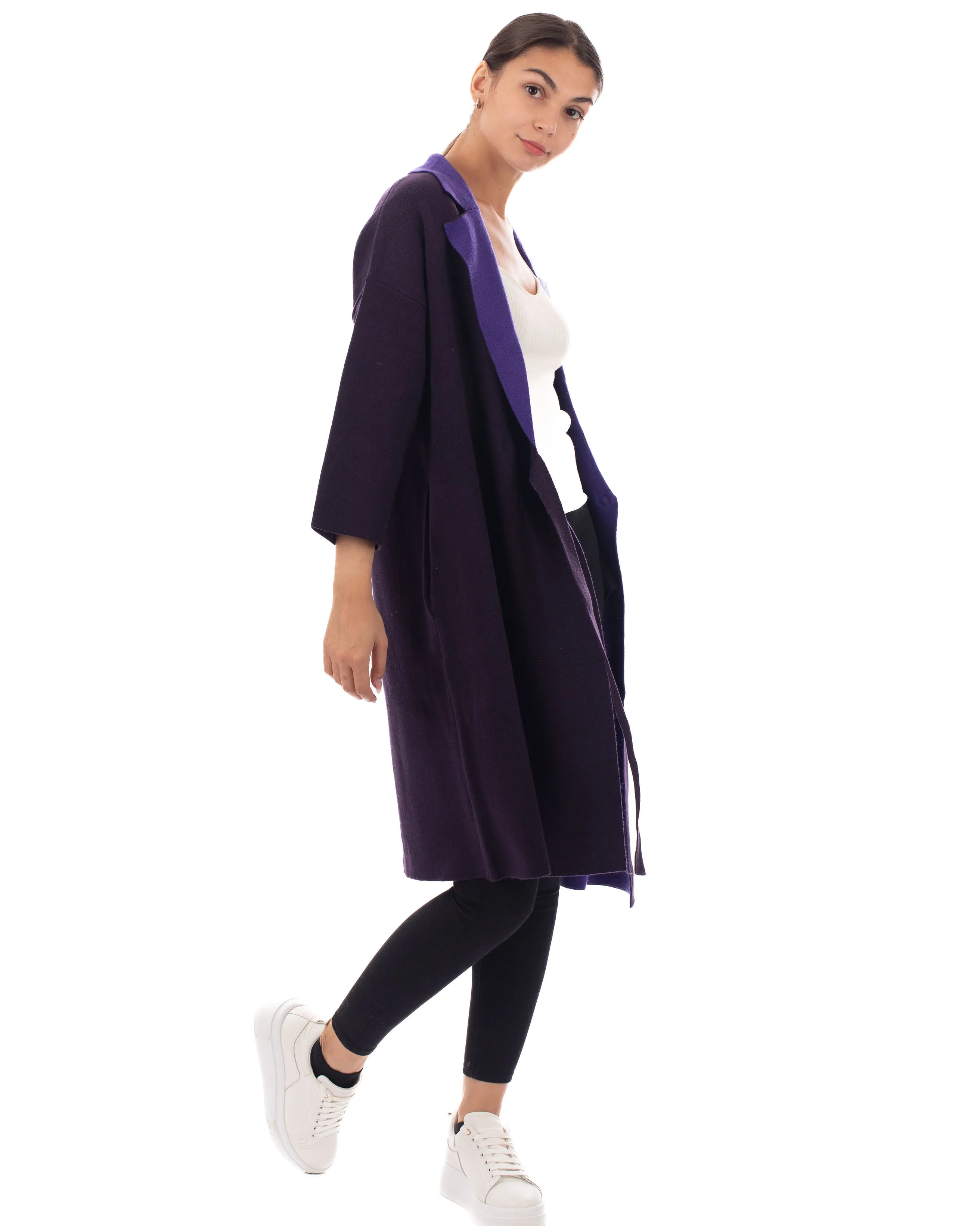 Reversible wool blend cardigan coat  (PURPLE)