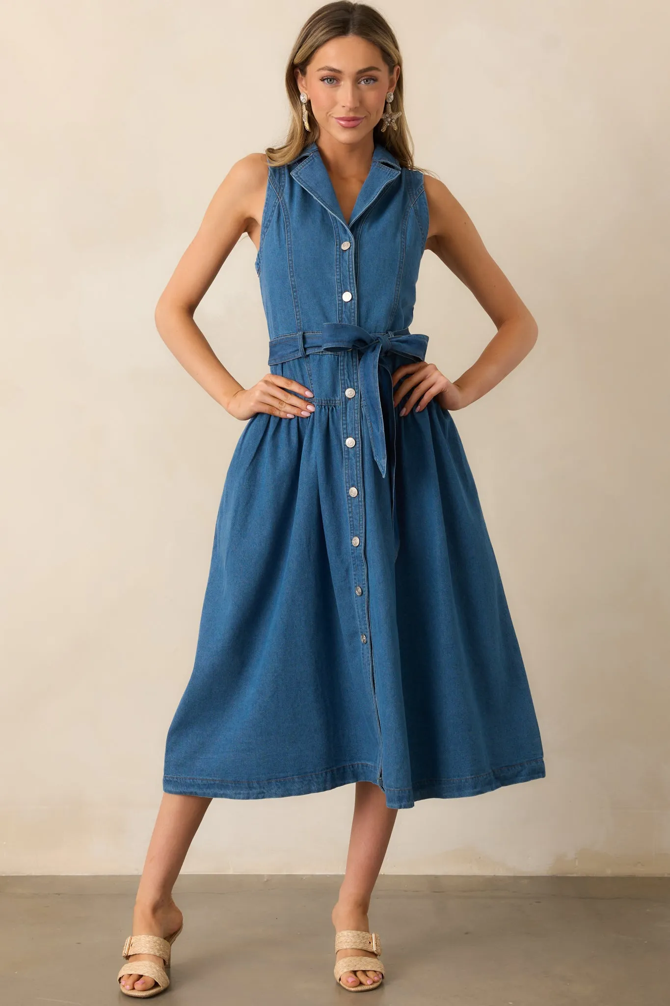 Riverside Sips Blue Denim Button Front Midi Dress