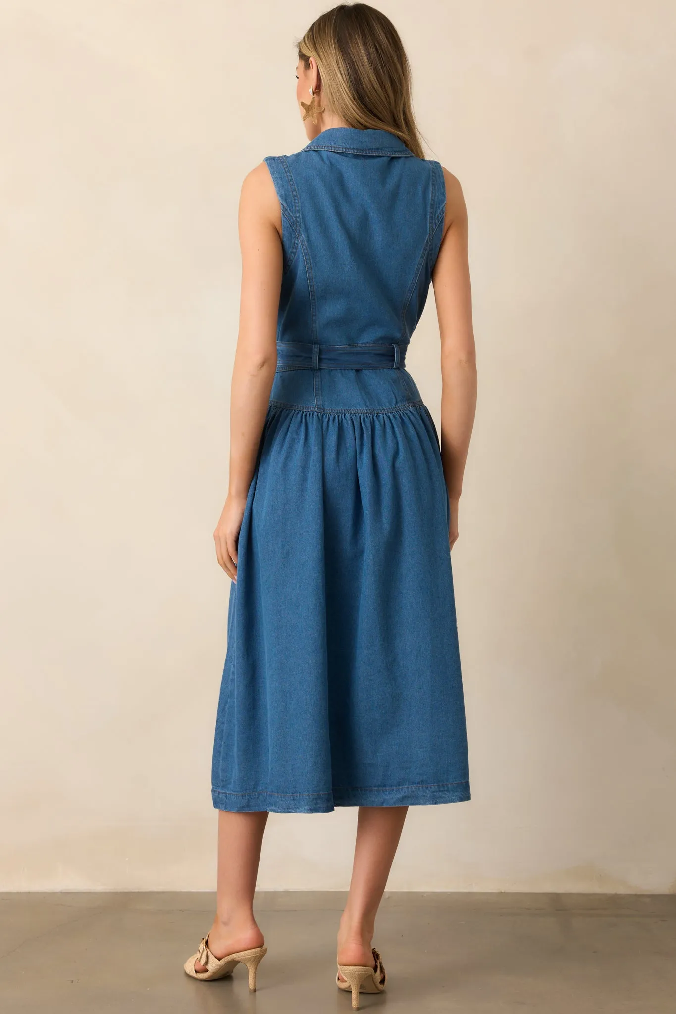 Riverside Sips Blue Denim Button Front Midi Dress