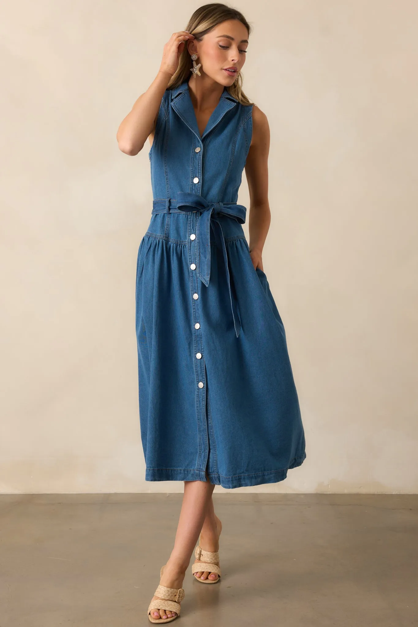 Riverside Sips Blue Denim Button Front Midi Dress