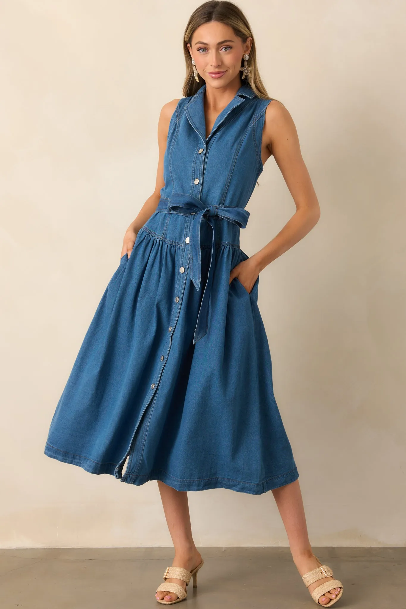 Riverside Sips Blue Denim Button Front Midi Dress