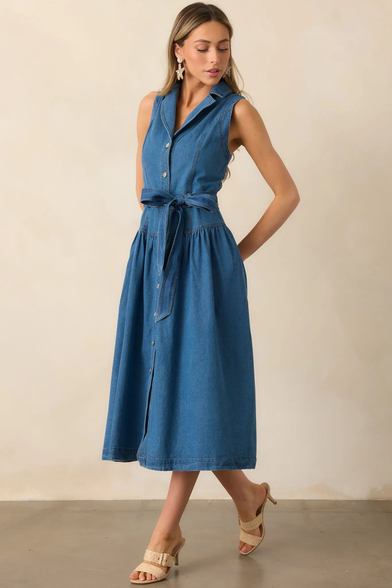 Riverside Sips Blue Denim Button Front Midi Dress