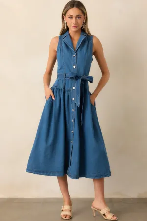 Riverside Sips Blue Denim Button Front Midi Dress