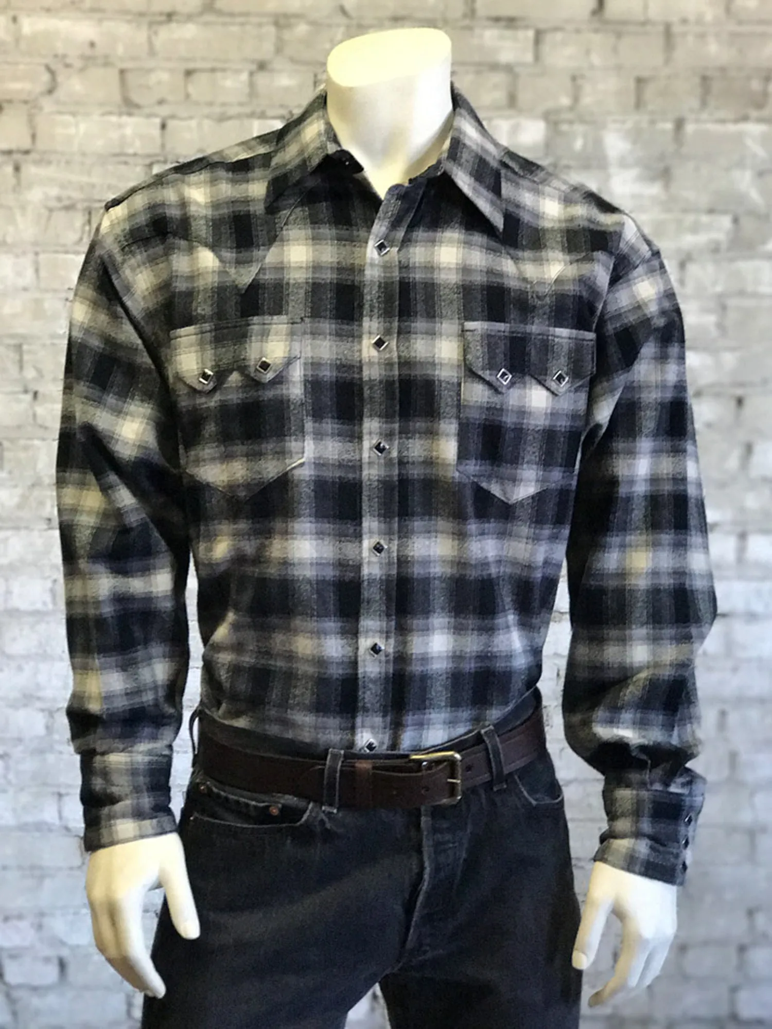 Rockmount Mens Black 100% Cotton Flannel Plaid Western L/S Shirt