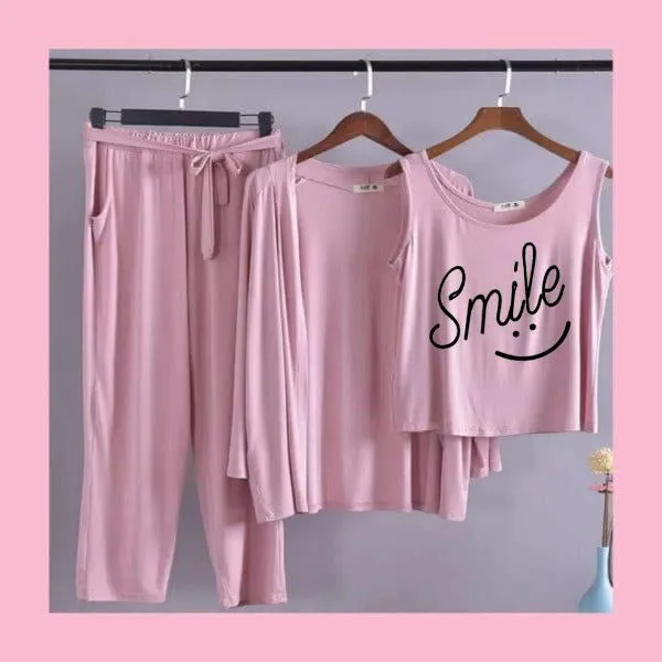 Smiley Women Night Suit PJ 3 Pieces Set