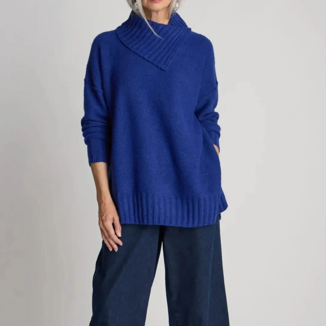 Wool Viscose Mix Asymmetric Jumper - Colbalt